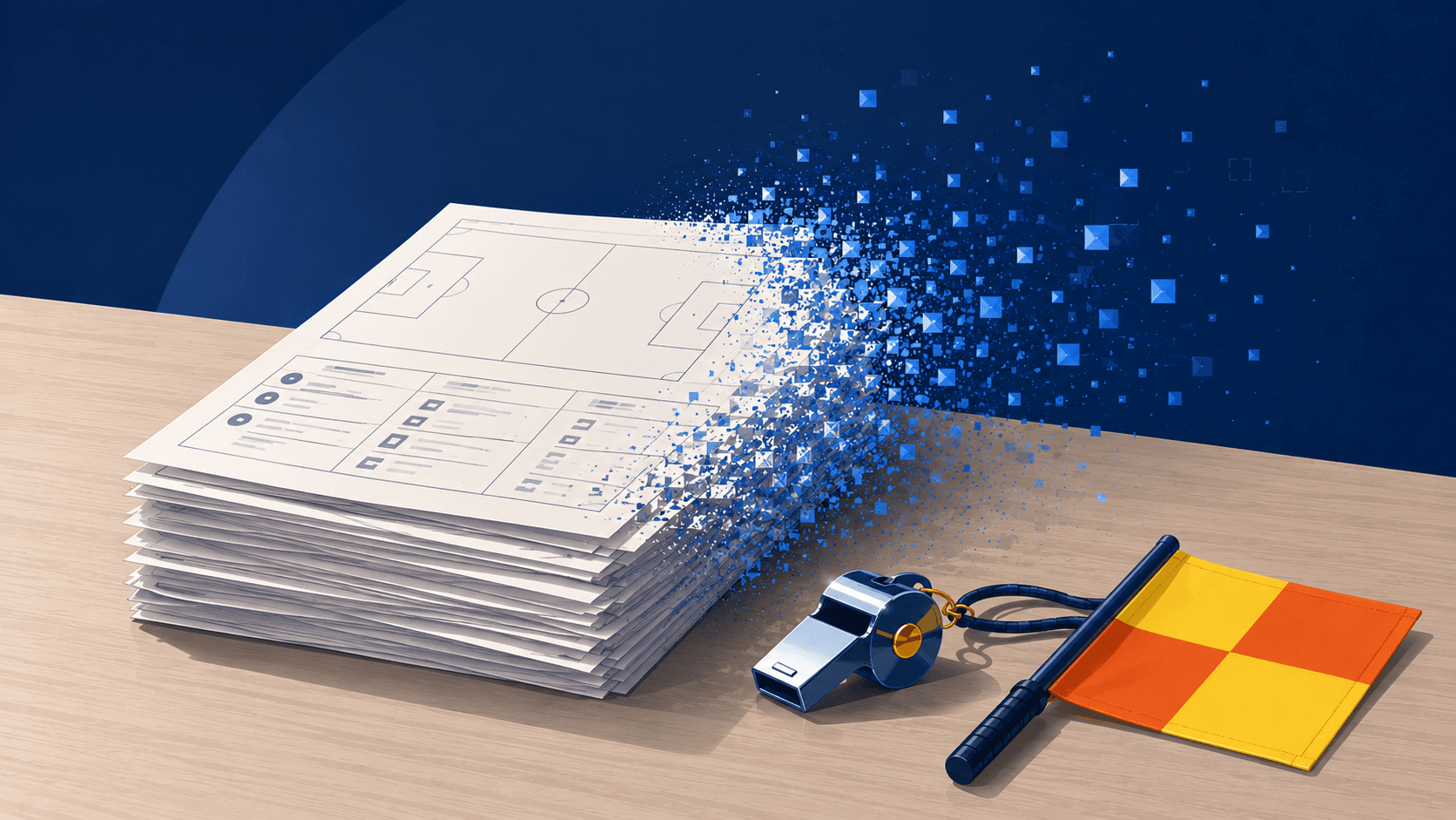 Pile de feuilles de match d'arbitre FFF se dissolvant en pixels bleus, illustrant la disparition des désignations du portail officiels.fff.fr